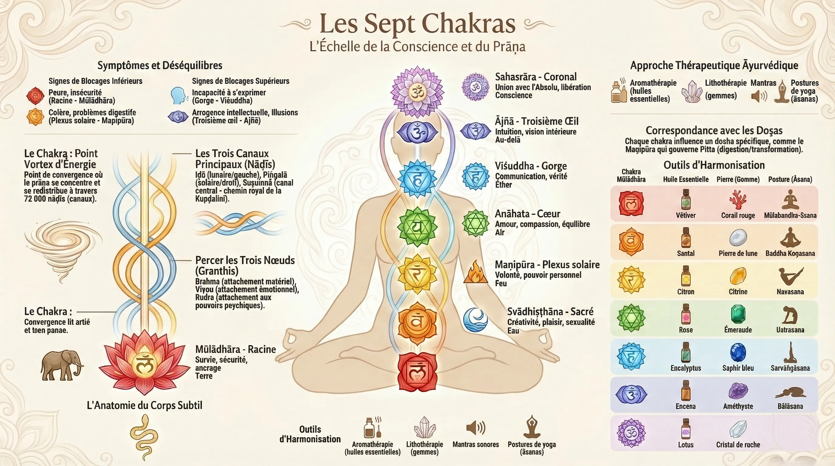 Illustration des sept cakras, centres énergétiques du corps subtil