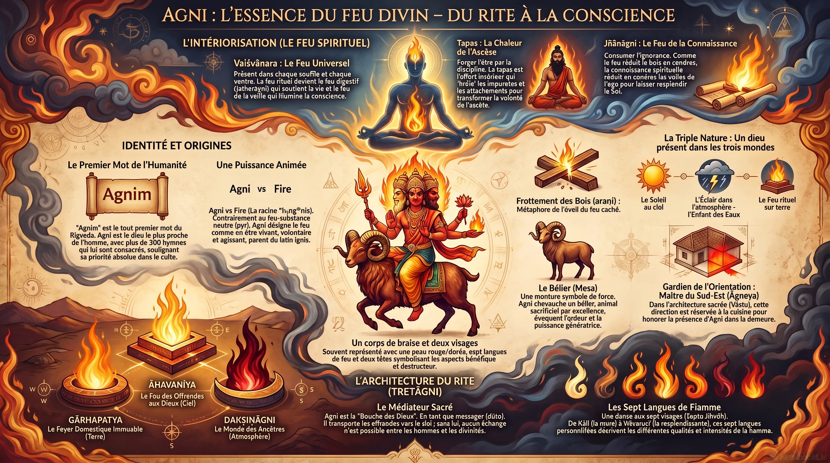 Agni, le dieu védique du feu, chevauchant le bélier, entouré de flammes